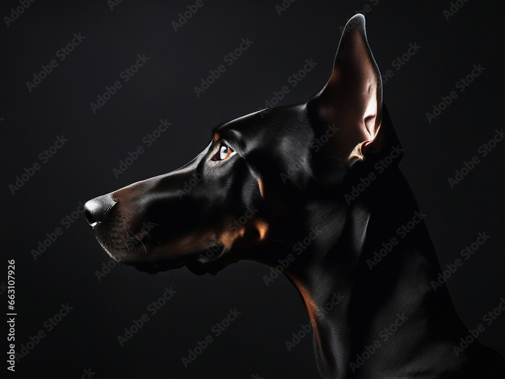 profile of a Doberman in the dark, on the black background, silhouette lighting