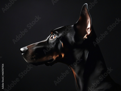 profile of a Doberman in the dark, on the black background, silhouette lighting © ArtistiKa