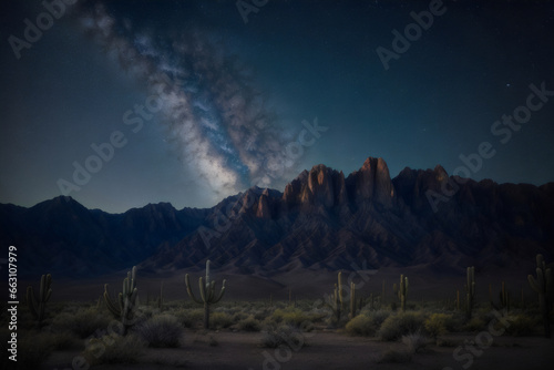 Desert mountains and cactus trees stand tall in the middle of the pitch black night sky