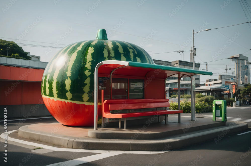 A bus stop shaped like a giant watermelon, red and green in color.