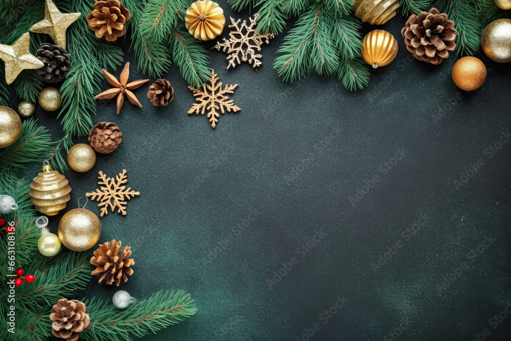 Christmas background. Christmas ornaments, fir tree branches, stars and christmas balls on black background