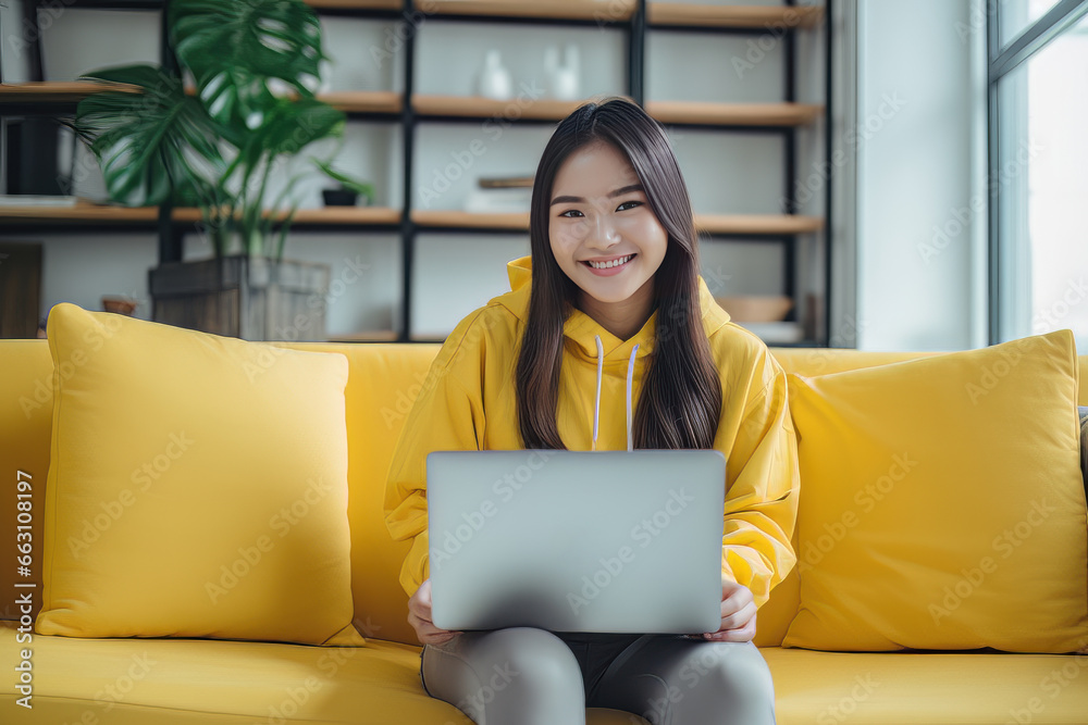 Portrait of Young Asian Woman with Laptop in Living Room, Beautiful Businesswoman Work From Home, Happy Female Enjoy a Free Day, Online Shopping and Watching Movies