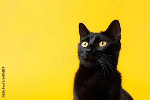 A Black Cat Posing Gracefully Against a Vibrant Yellow Background © Asiri