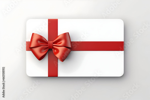 A Blank White Gift Card with a Red Ribbon Bow Rests in the Corner, Isolated on a Grey Background with a Shadow. A Minimal Conceptual 3D Rendering