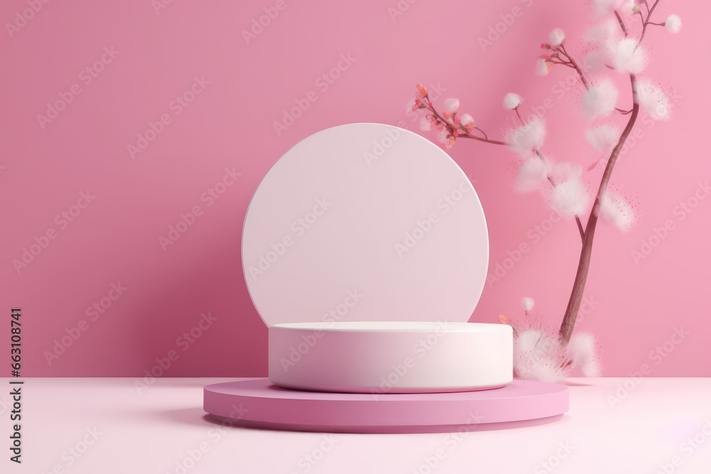 Abstract Minimal Concept. Round pastel pink podium with pink sakura backdrop in 3d style 