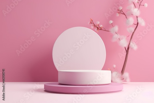 Abstract Minimal Concept. Round pastel pink podium with pink sakura backdrop in 3d style © SaraY Studio 
