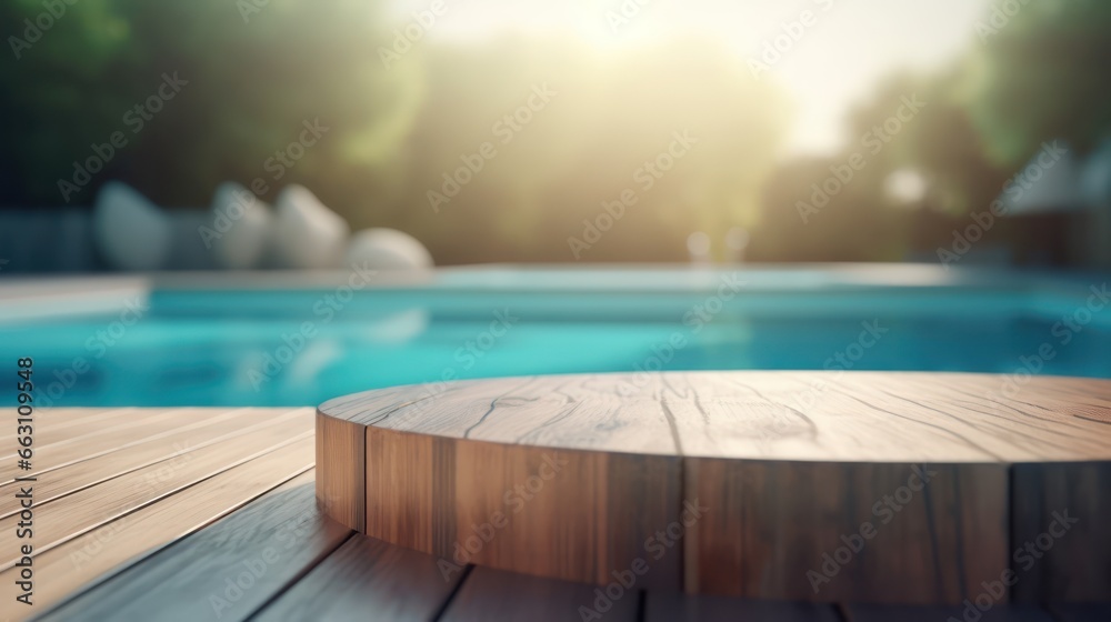 Creative mock concept. Empty wooden table top in front of blur defocused swimming pool background