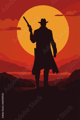 Classic retro western movie or video game poster with a sheriff, cowboy, outlaw man silhouette holding a gun at sunset, sunset. Wild West vector illustration 