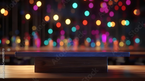 Empty wooden table top with colourful bokeh disco light theme background