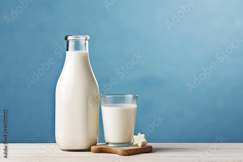 A bottle of milk and a glass of milk on a wooden table on a blue background. photo
