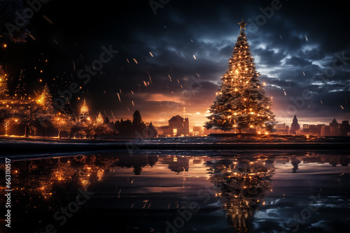 Enchanting Christmas Tree adn landscape with Baubles, Blurred Shiny Lights, and Magical Festive Delights