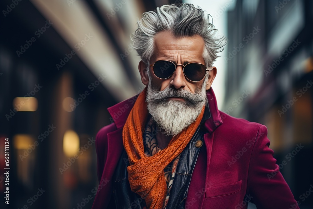 A fashionable, positive elderly man with gray hair and a beard in stylish bright clothes poses on a city street. An old, confident hipster walks through the city.