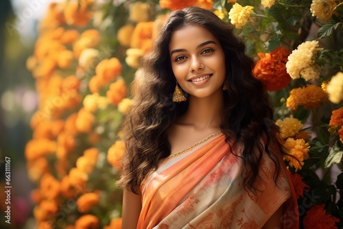 A beautiful positive Indian girl in traditional national clothes, a saree and jewelry, poses in a paradise flower garden.