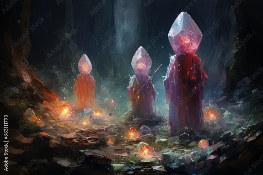 Mysterious crystalline beings, made entirely of sparkling gemstones - Generative AI