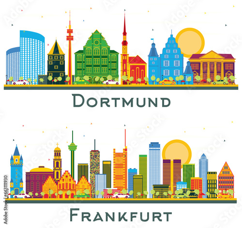 Frankfurt and Dortmund Germany City Skyline set with Color Buildings isolated on white.
