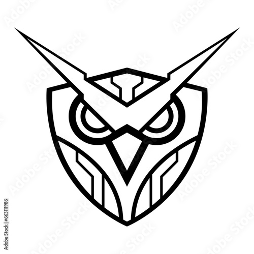 Techno Owl Vector Black And White Shield Logo Design Illustration