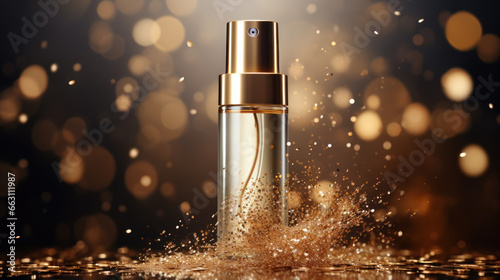 Luxury perfume, cosmetic premium glass bottle. Banner, poster for beauty promotion of elegant product for ads surrounded by golden sparkle glittering light and bokeh background. Generative AI photo