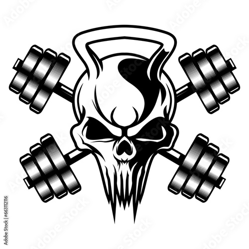 Skull with barbel vector icon symbol mascot vector illustration black and white isolated