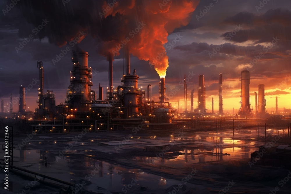 Morning oil refinery factory. Generative AI