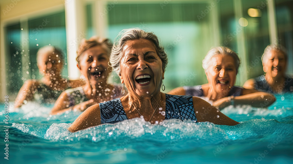 Active senior women enjoying aqua fit class in a pool, displaying joy and camaraderie, embodying a healthy, retired lifestyle. Exercise in water.