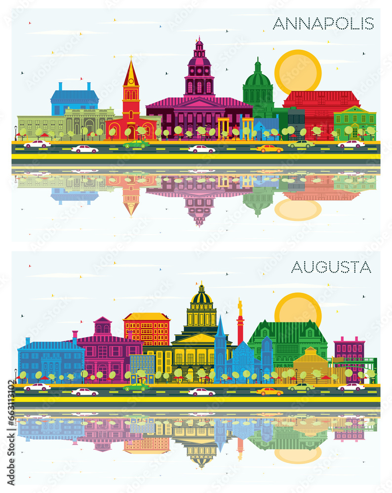Augusta Maine and Annapolis Maryland City Skyline set with Color Buildings, Blue Sky and Reflections. Cityscape with Landmarks.