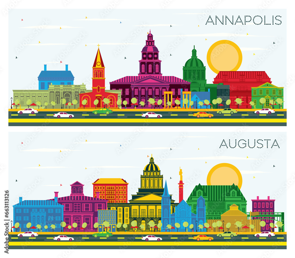Augusta Maine and Annapolis Maryland City Skyline set with Color Buildings and Blue Sky. Cityscape with Landmarks.