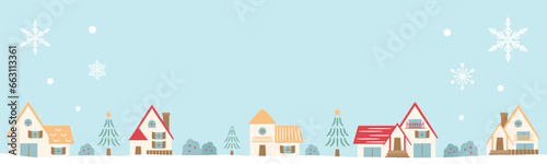 おしゃれなクリスマスやホリデーシーズンのコピースペースのある雪のふる冬の街並み_手描き風ベクターイラストフレーム・背景