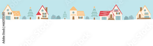 おしゃれなクリスマスやホリデーシーズンのコピースペースのある雪のふる冬の街並み_手描き風ベクターイラストフレーム・背景