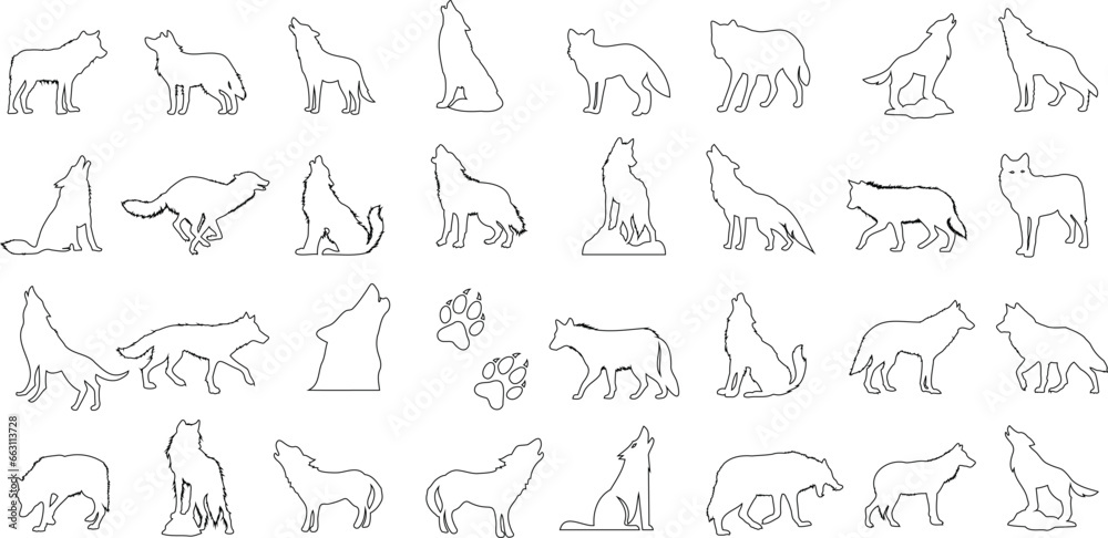 wolf line illustration, Minimalist, line art vector illustration featuring a stylized wolf. Perfect for logo design, wall art, and digital projects. Trending, modern design in black and white.”
