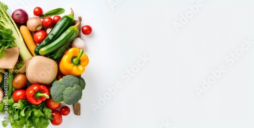 Healthy food in paper bag vegetables and fruits on white background. © Ahasanara
