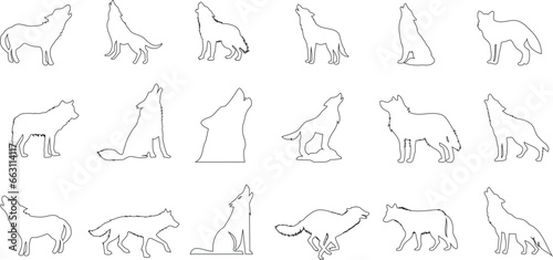 Minimalist wolf line art vector illustration. Great for tattoos, designs, prints, logos, icons, avatars, mascots, and symbols.