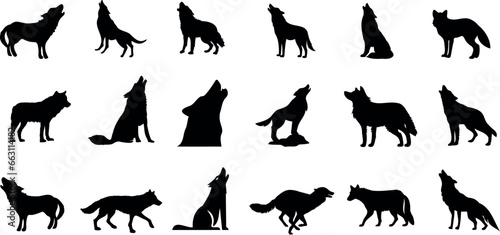 Wolf, silhouette, vector illustration collection. Black, various poses, standing, sitting, walking, howling. Perfect for educational presentations, sports emblems, fairytale illustrations.