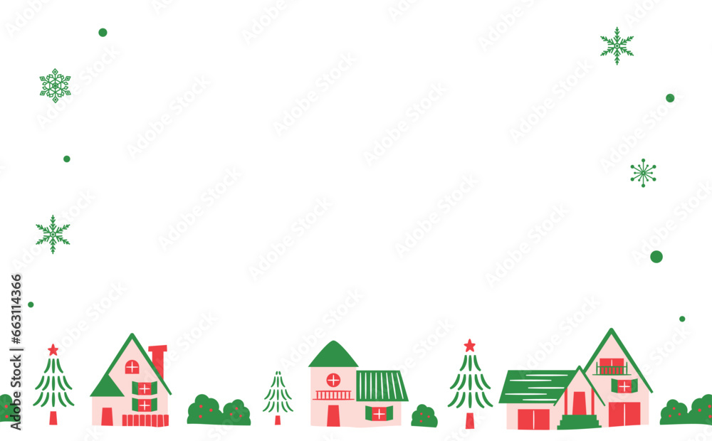 シンプルおしゃれなクリスマスやホリデーシーズンのコピースペースのある雪のふる冬の街並み_手描き風ベクターイラストフレーム・背景