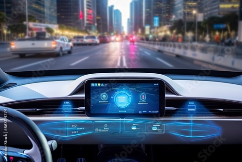 Modern smart car technology intelligent system using Heads up display (HUD) Autonomous self driving mode vehicle on city road with graphic sensor radar signal system intelligent car. © Ahasanara