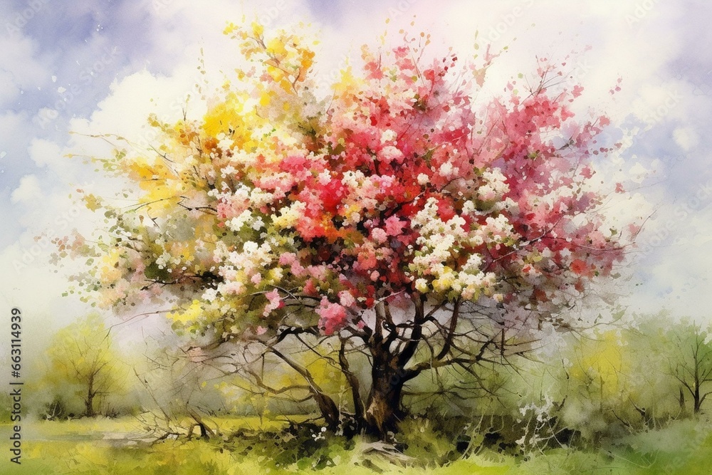 Watercolor painting of blooming apple tree in spring. Generative AI