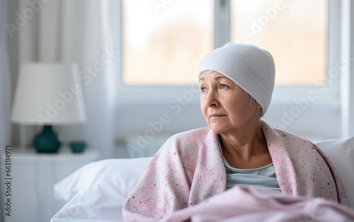 Senior sad woman wearing headscarf, suffering from bone cancer sitting alone at a hospital