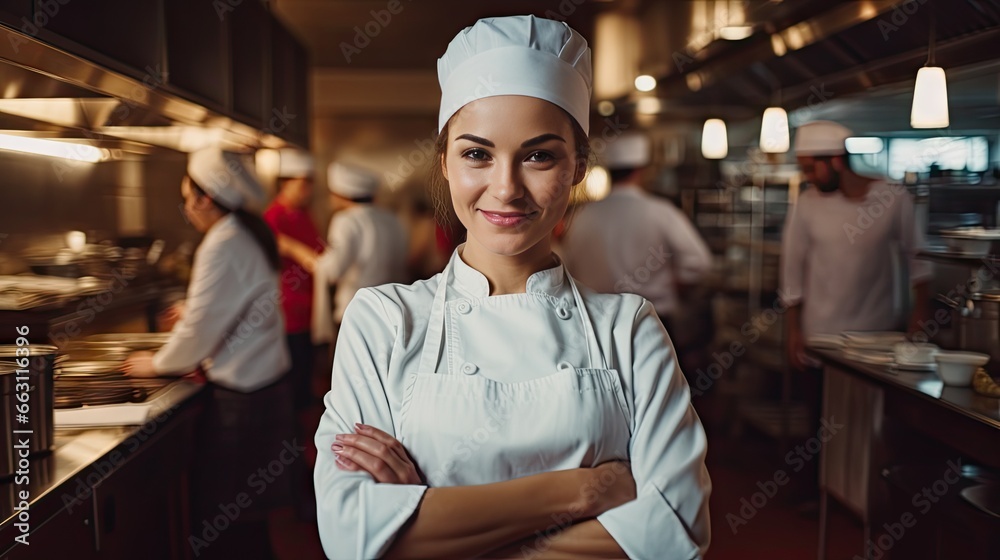 Beautiful cook wearing a white cooking hat and apron stands smiling and looking at the camera. Behind there is a chef preparing food.
