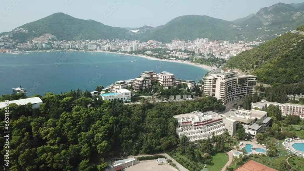 Bečići town in the municipality of Budva, Montenegro drone reveal luxury resort with scenic landscape on Adriatic Sea Bečići town in the municipality of Budva, Montenegro drone reveal luxury resort with scenic landscape on Adriatic Sea