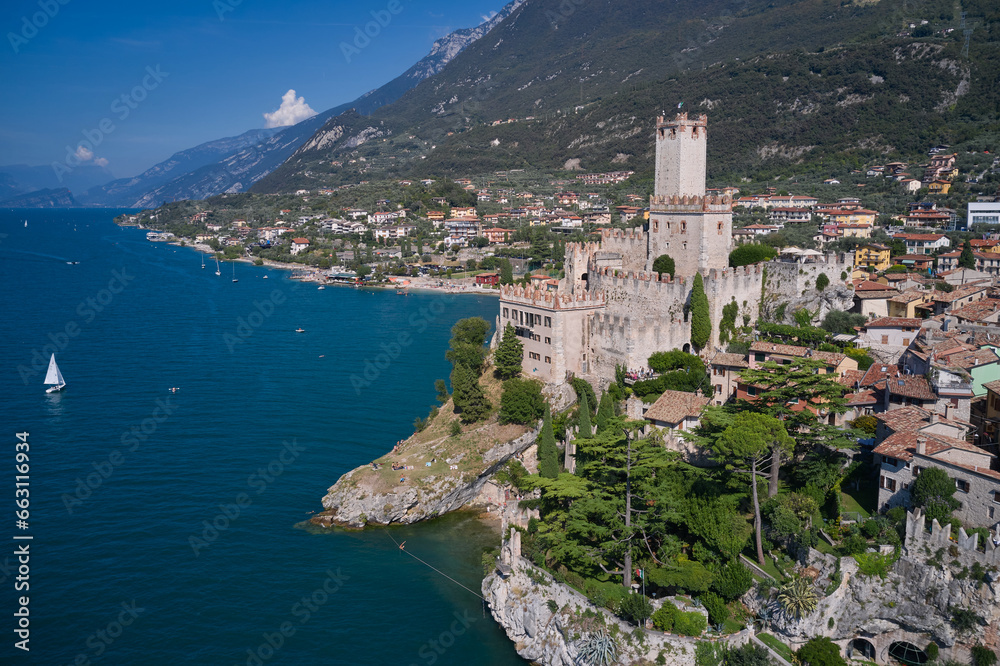 Town of Malcesine on Lago di Garda skyline view, Veneto region of Italy. Malcesine is a small town on the shore of Lake Garda in Verona province, Italy.