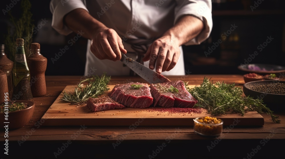 The chef adds seasonings with dried herbs and sprinkles them into the meat. Placed on a wooden board in a restaurant kitchen.