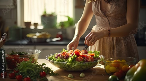 Close-up of a housewife making salad on the kitchen counter