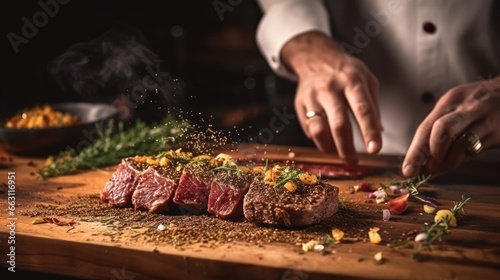The chef adds seasonings with dried herbs and sprinkles them into the meat. Placed on a wooden board in a restaurant kitchen. photo