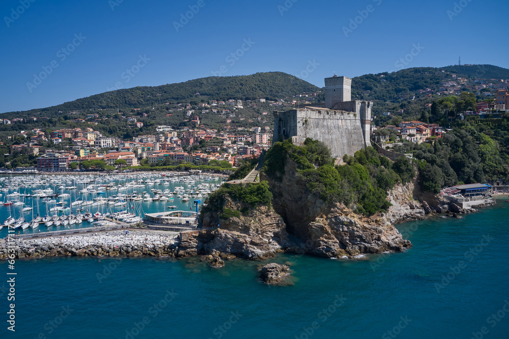 Aerial view of Lerici Castle. Italian resorts on the Ligurian coast aerial view. Beautiful aerial view of the coastal Italian city of Lerici. Yachts and boats.