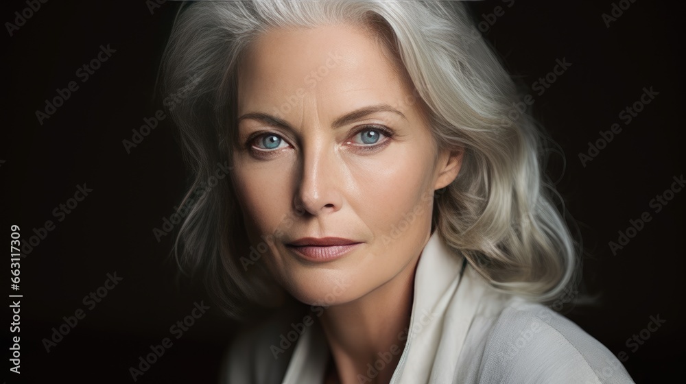 Radiant mature woman with flowing hair in soft glow Radiant mature woman with flowing hair in soft glow