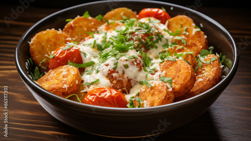 Fried potato tomatoes bowl