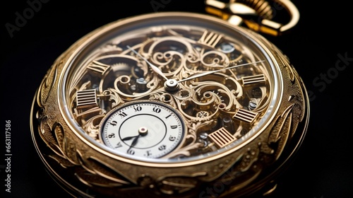 "A luxurious gold and diamond pocket watch, engraved with a delicate filigree pattern