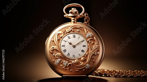 "A luxurious gold pocket watch, its face embellished with a cluster of sparkling diamonds