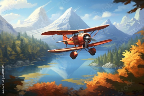 An artwork featuring a plane soaring over a lake, surrounded by a woodland scenic view. Generative AI