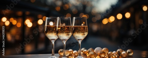 Sparkling wine glasses amidst shimmering golden evening ambiance