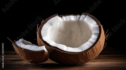 Half aromatic coconut placed on a classic wooden table with a black background